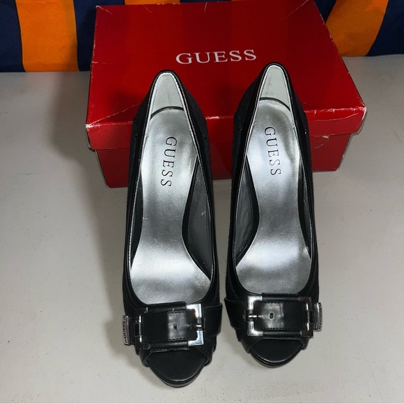 GUESS Peep Toe Heels Malee Platform Stilettos black multifabric size 7 M G print - Picture 3 of 6